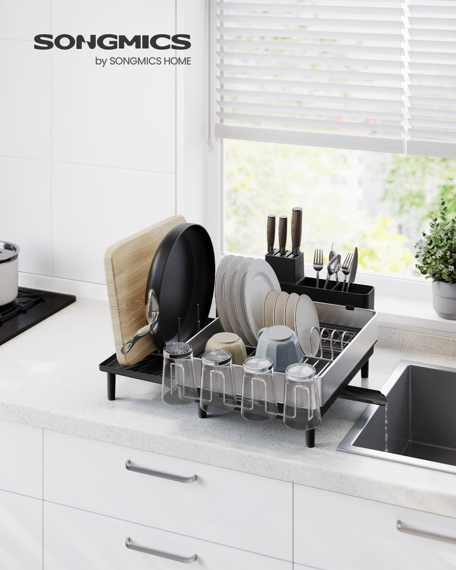 Expandable Dish Drainer Rack – Stainless Steel – Silver and Ink Black – Rotatable Spout and Multi-Holder Design