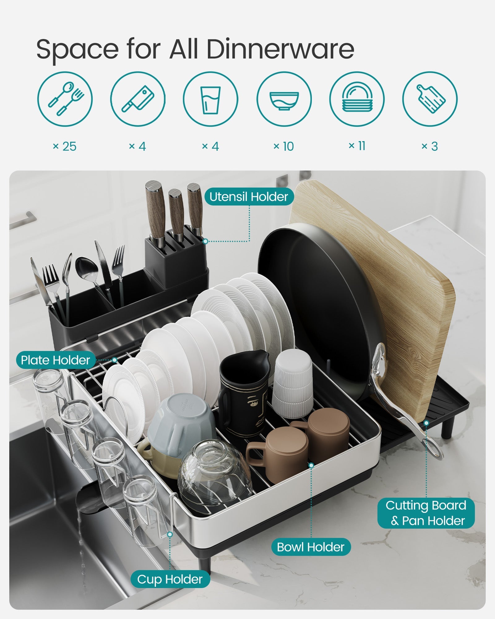 Expandable Dish Drainer Rack – Stainless Steel – Silver and Ink Black – Rotatable Spout and Multi-Holder Design