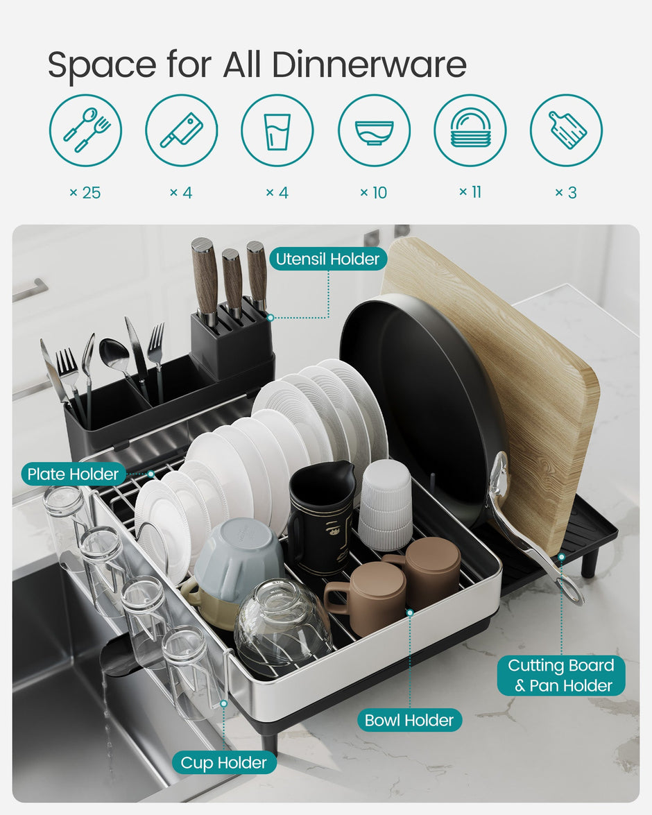 Expandable Dish Drainer Rack – Stainless Steel – Silver and Ink Black – Rotatable Spout and Multi-Holder Design