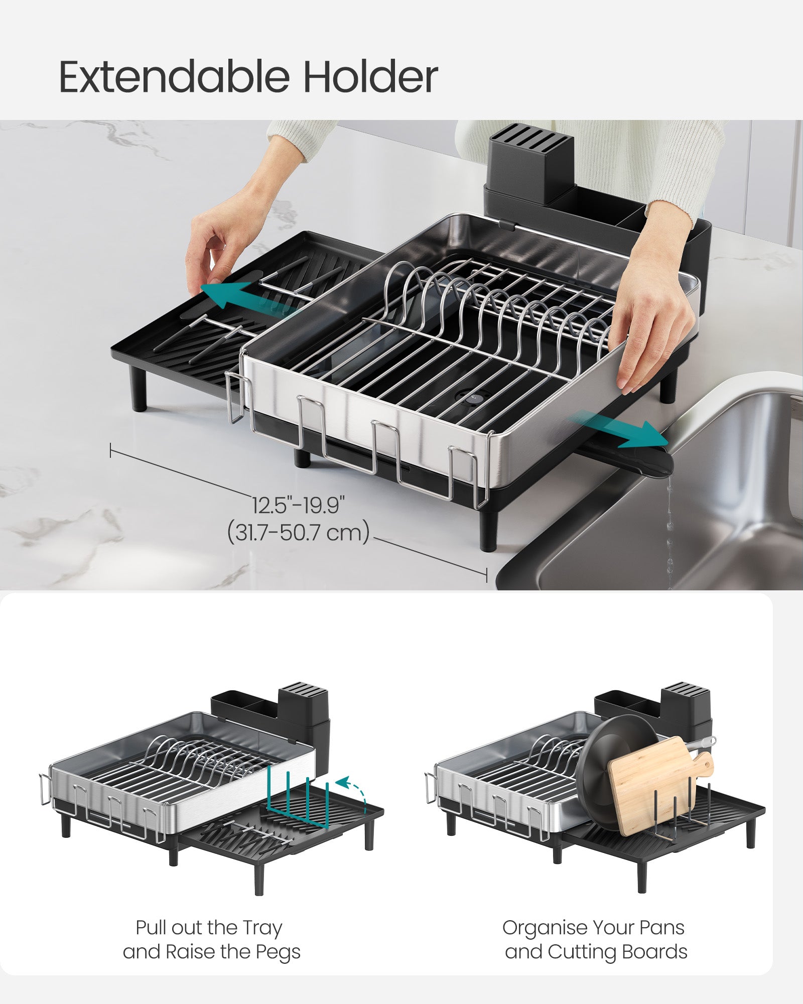 Expandable Dish Drainer Rack – Stainless Steel – Silver and Ink Black – Rotatable Spout and Multi-Holder Design