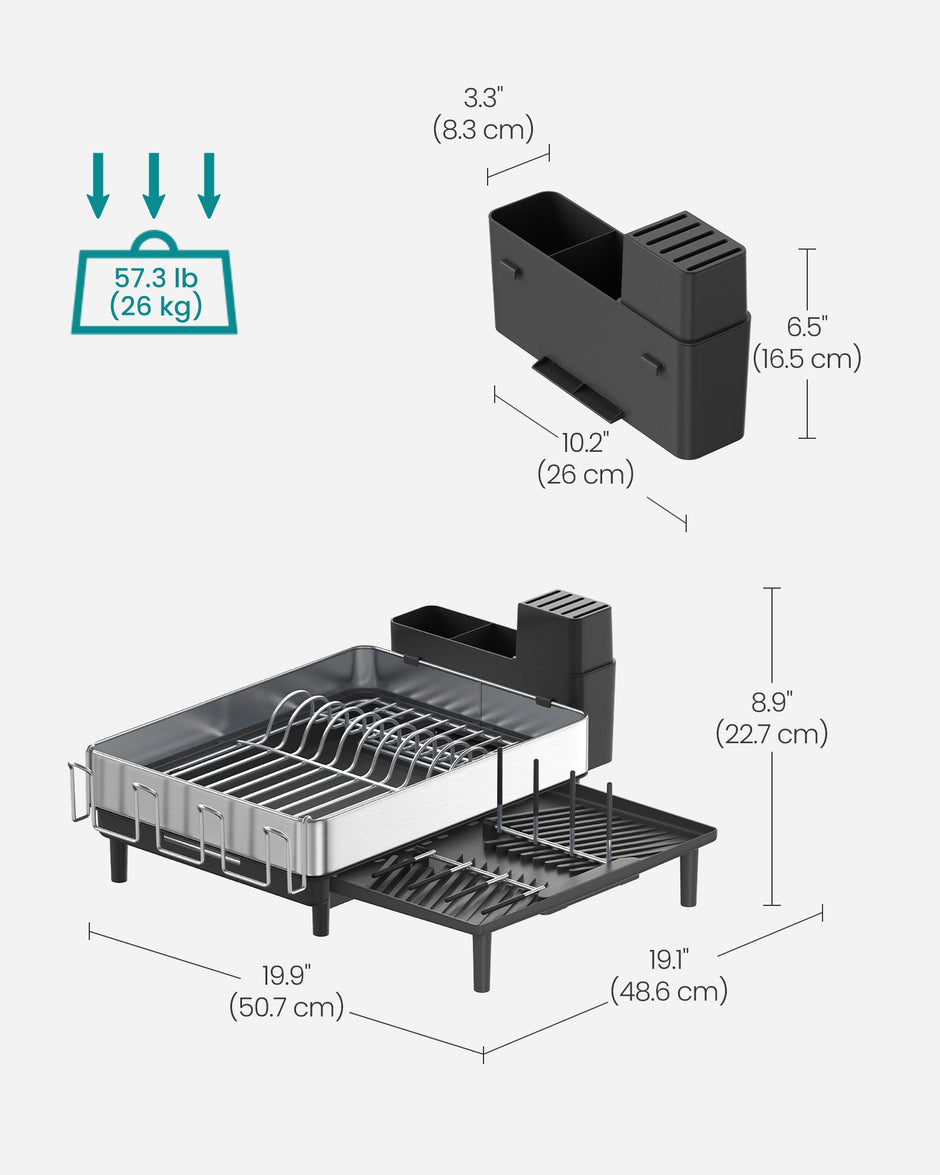 Expandable Dish Drainer Rack – Stainless Steel – Silver and Ink Black – Rotatable Spout and Multi-Holder Design