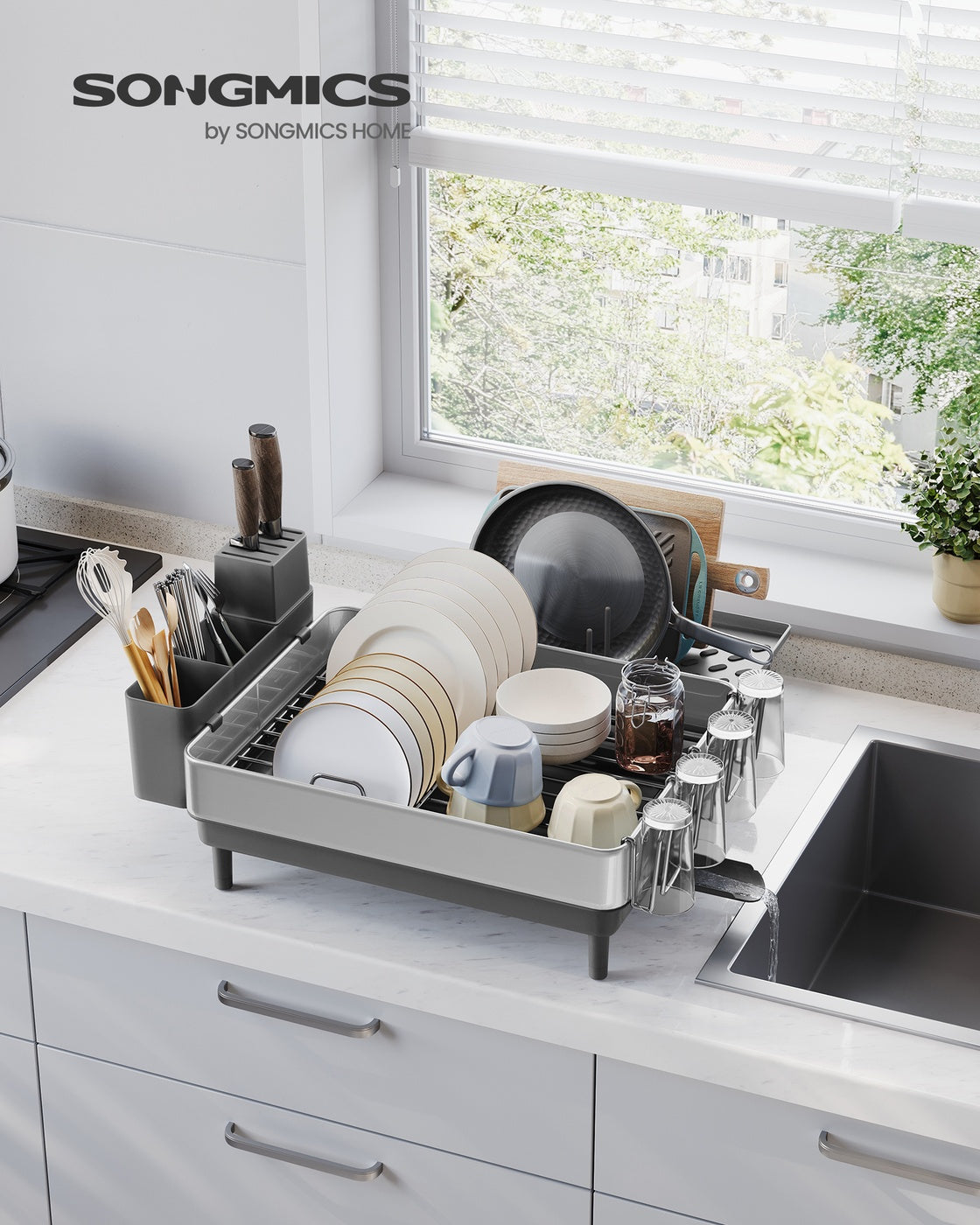 Dish Drainer Rack – Stainless Steel – Silver and Slate Grey – Expandable with Rotatable Spout
