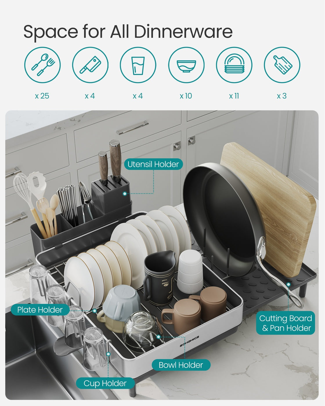 Dish Drainer Rack – Stainless Steel – Silver and Slate Grey – Expandable with Rotatable Spout