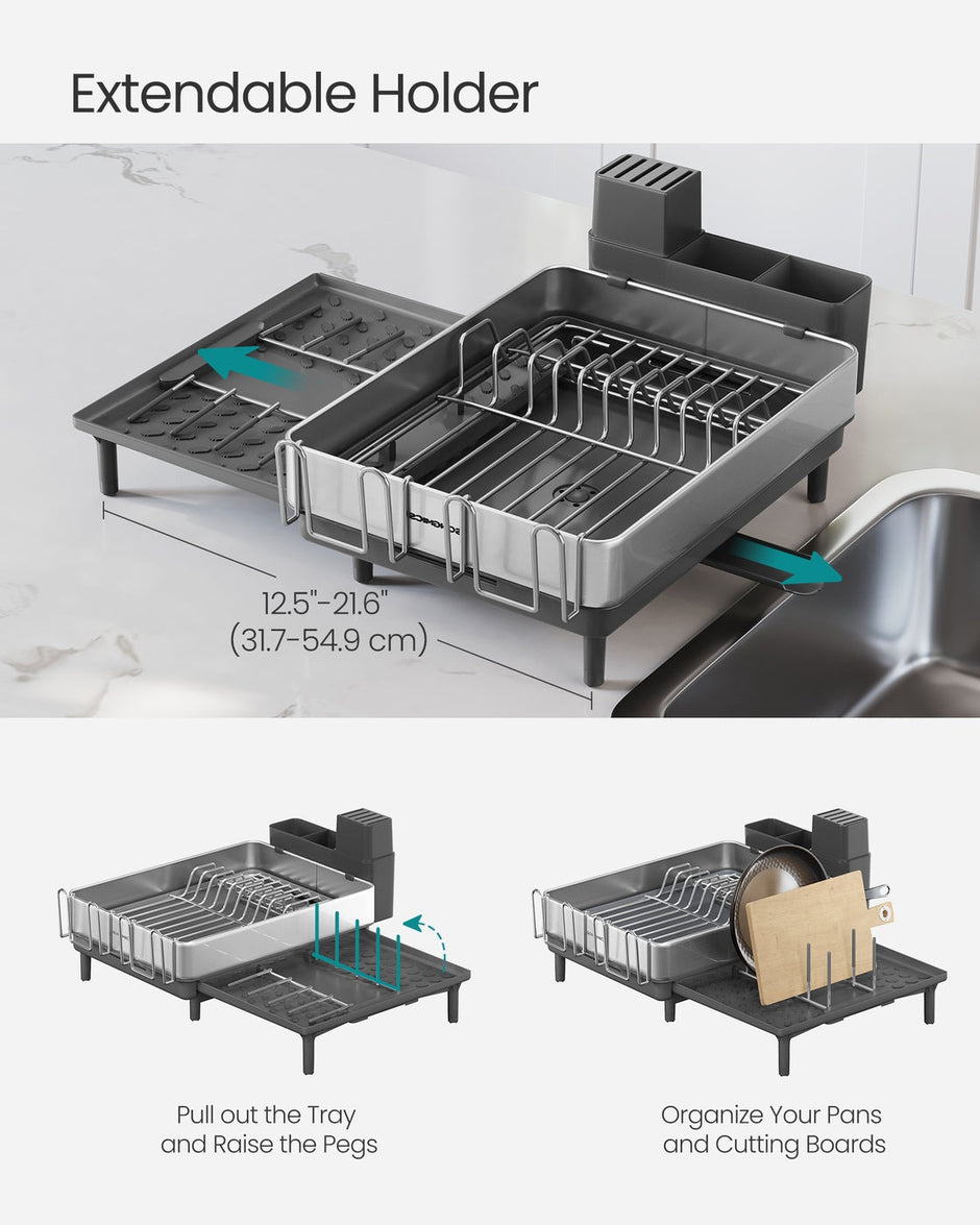 Dish Drainer Rack – Stainless Steel – Silver and Slate Grey – Expandable with Rotatable Spout