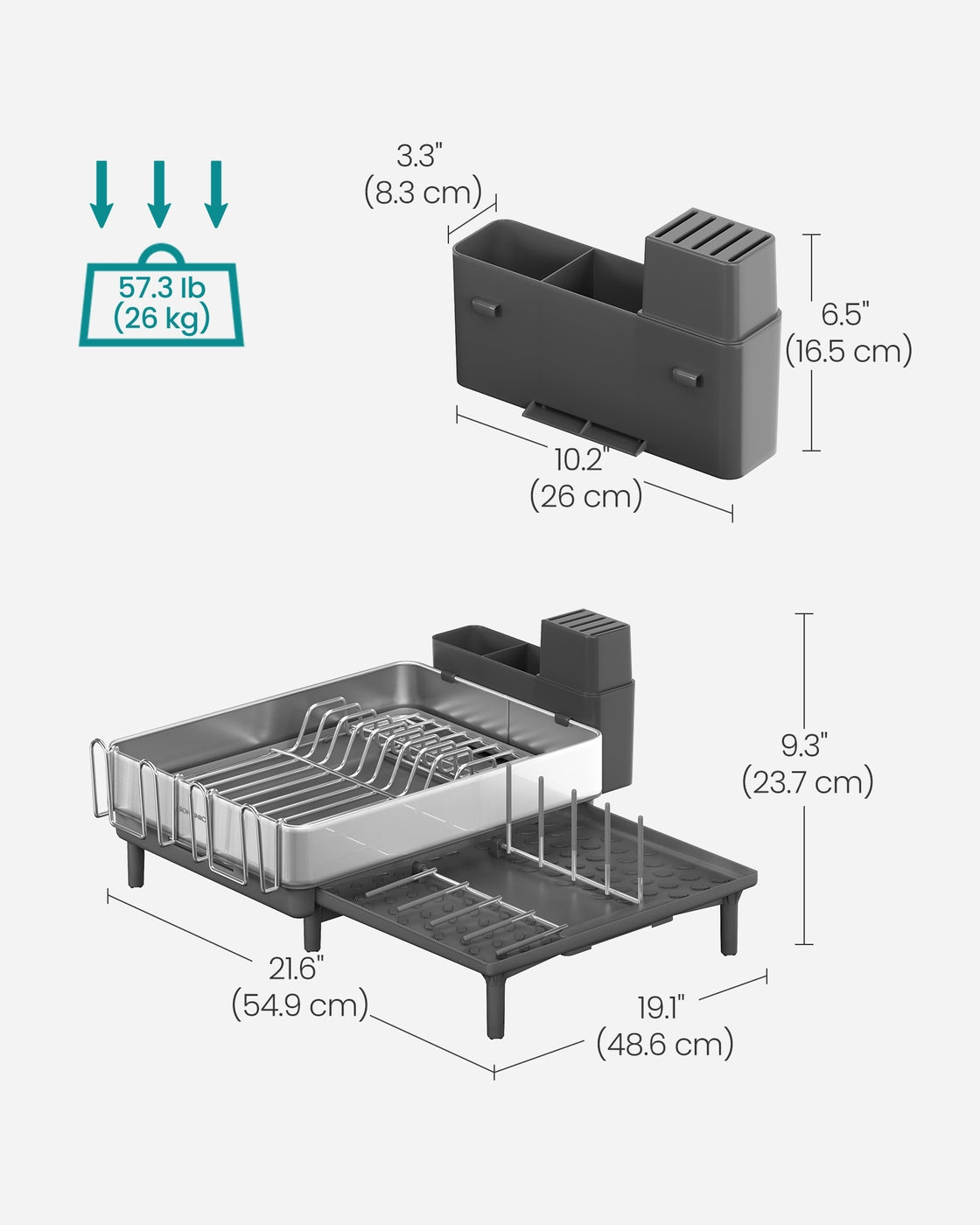Dish Drainer Rack – Stainless Steel – Silver and Slate Grey – Expandable with Rotatable Spout