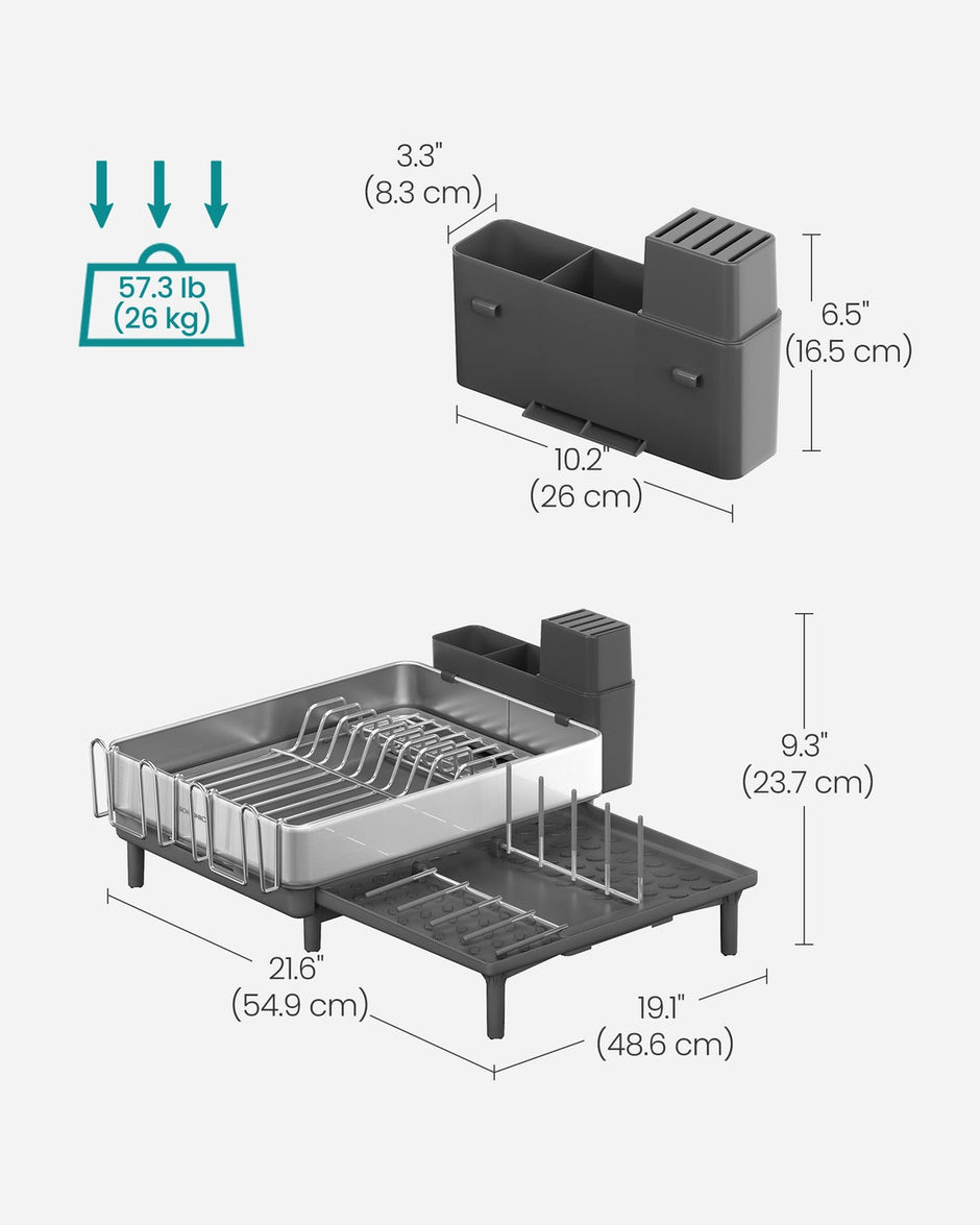 Dish Drainer Rack – Stainless Steel – Silver and Slate Grey – Expandable with Rotatable Spout