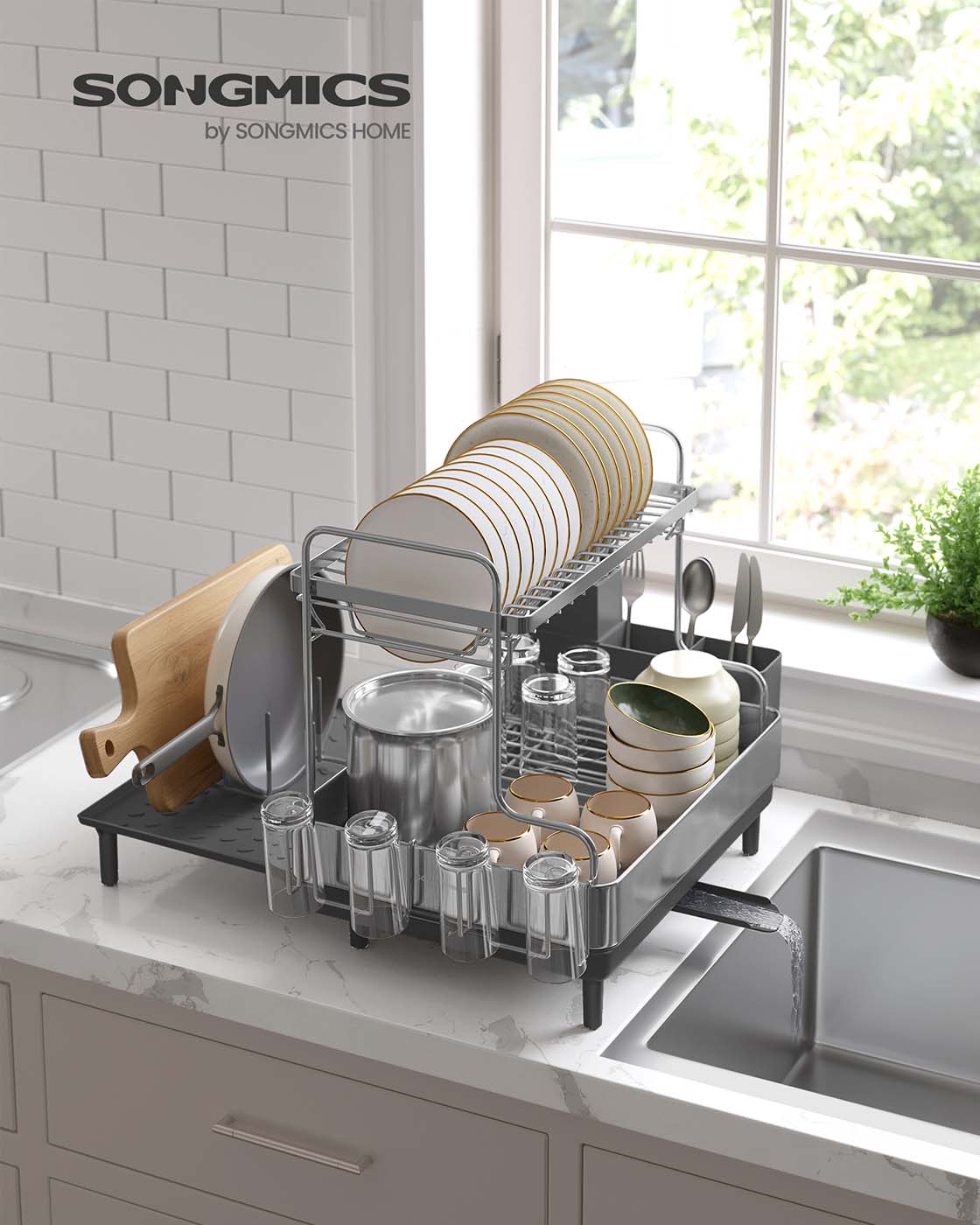 Dish Drainer Rack – Stainless Steel – Silver and Grey – Expandable with Rotatable Spout