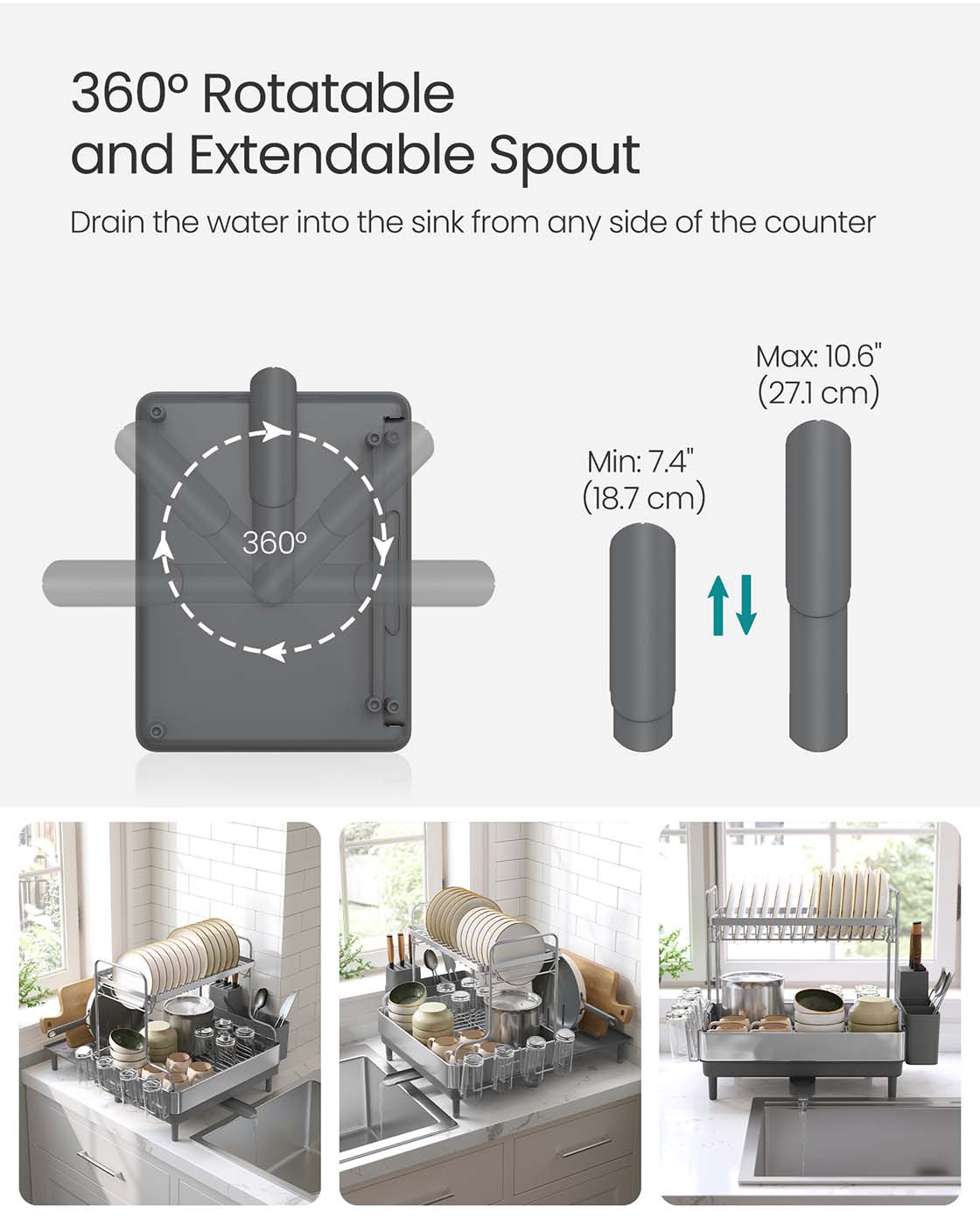 Dish Drainer Rack – Stainless Steel – Silver and Grey – Expandable with Rotatable Spout