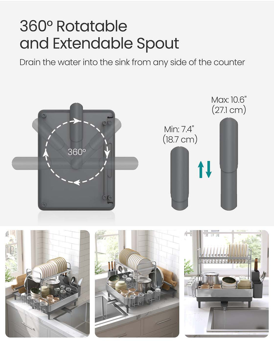 Dish Drainer Rack – Stainless Steel – Silver and Grey – Expandable with Rotatable Spout