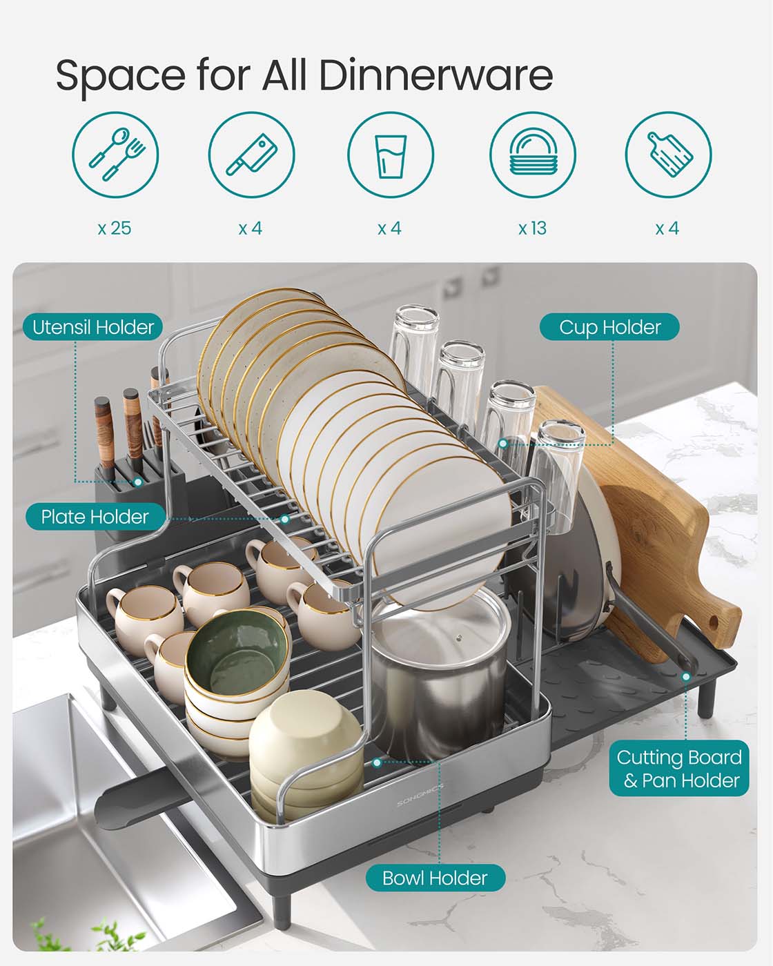Dish Drainer Rack – Stainless Steel – Silver and Grey – Expandable with Rotatable Spout