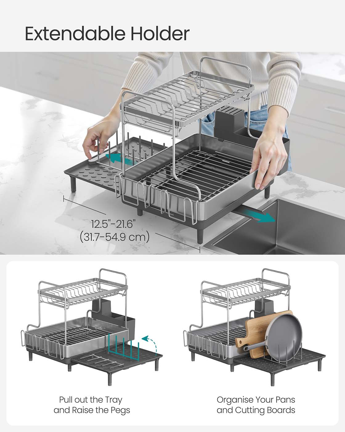 Dish Drainer Rack – Stainless Steel – Silver and Grey – Expandable with Rotatable Spout