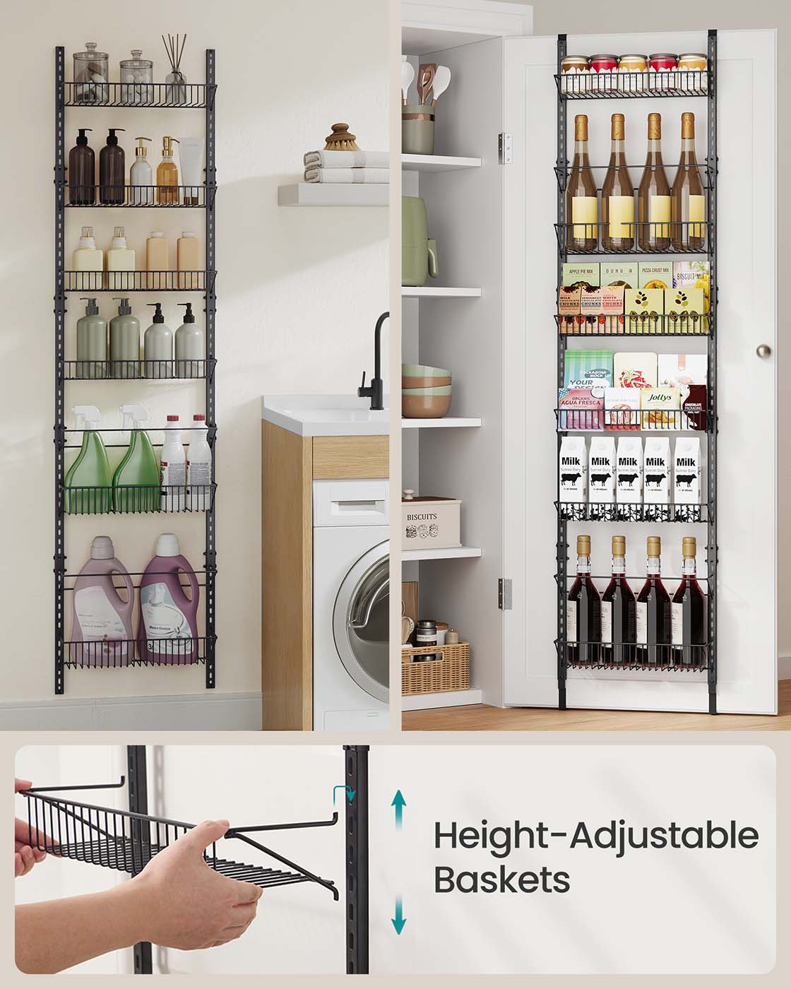 Wall-Mounted Spice Rack – Metal – Ink Black – Six Adjustable Baskets