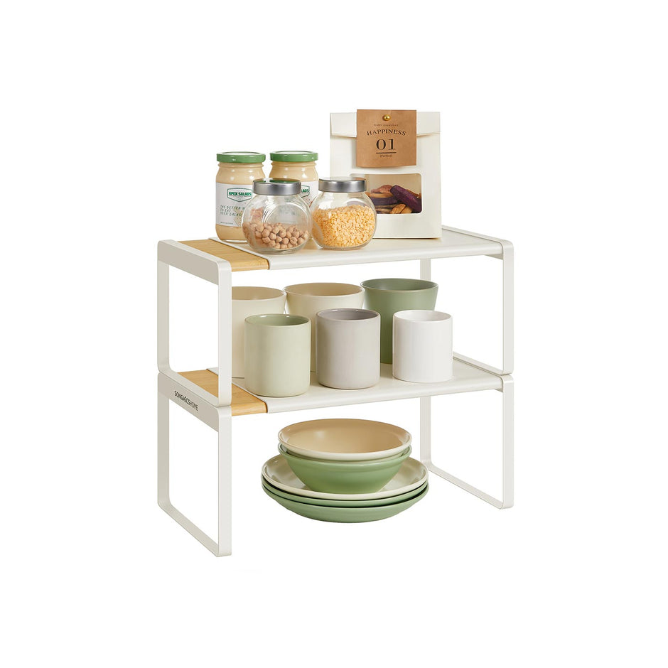 Spice Rack Set – Light Bamboo and Cream White – Extendable Kitchen Organiser Shelves