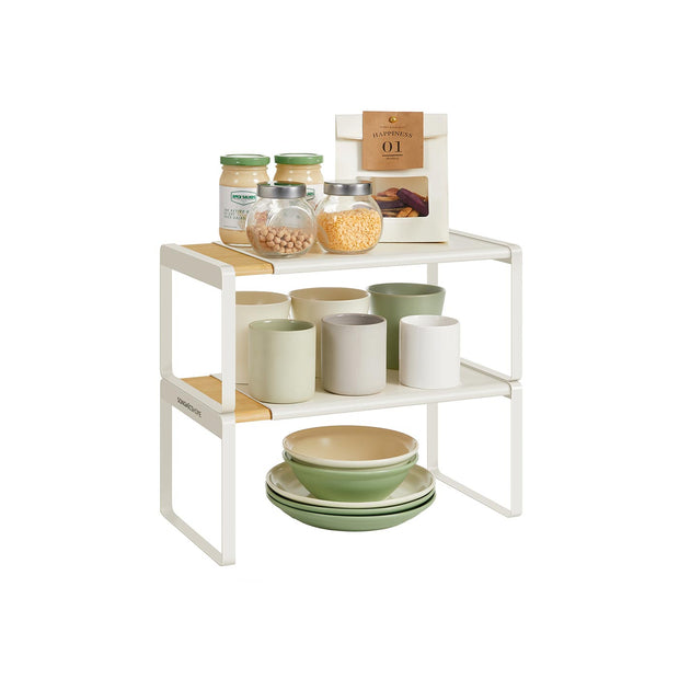 Spice Rack Set – Light Bamboo and Cream White – Extendable Kitchen Organiser Shelves