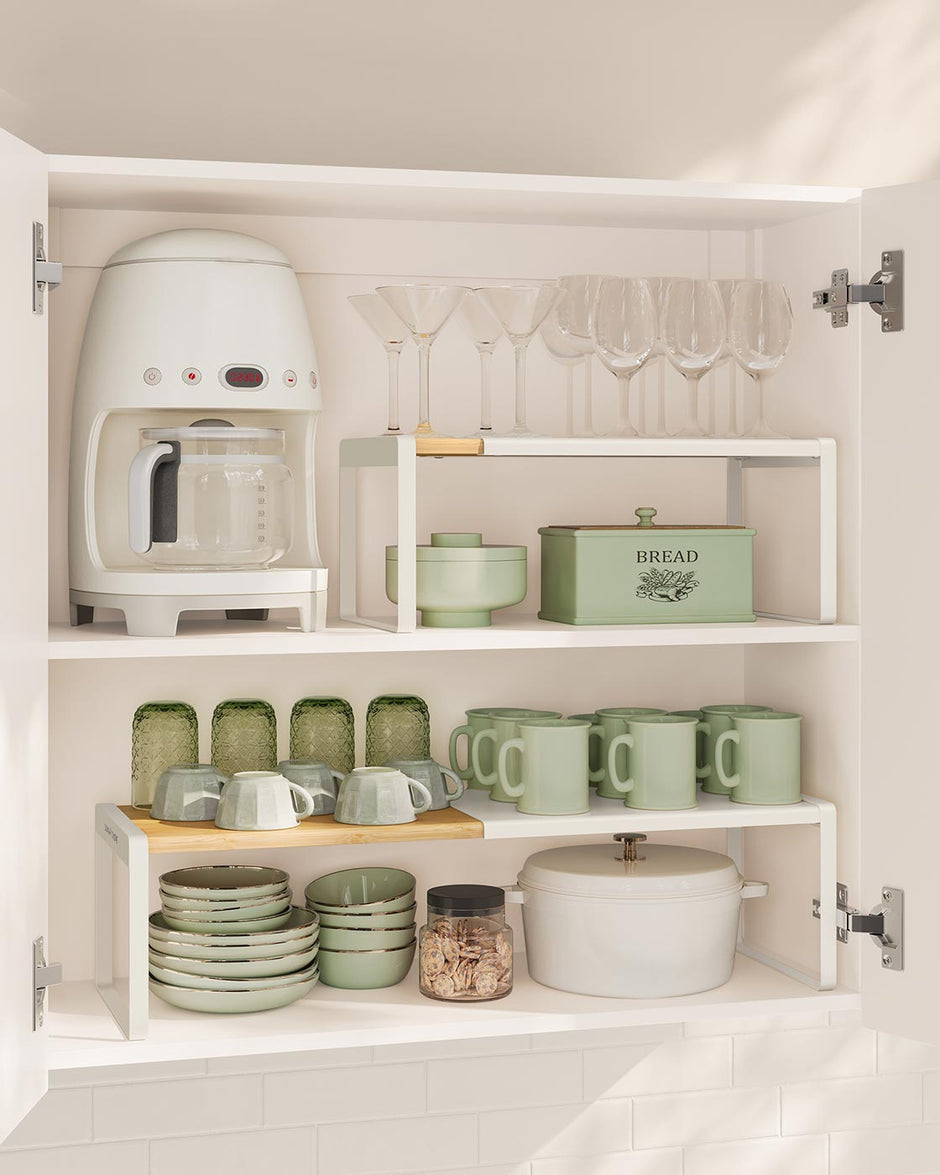 Spice Rack Set – Light Bamboo and Cream White – Extendable Kitchen Organiser Shelves