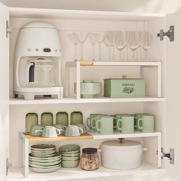 Spice Rack Set – Light Bamboo and Cream White – Extendable Kitchen Organiser Shelves