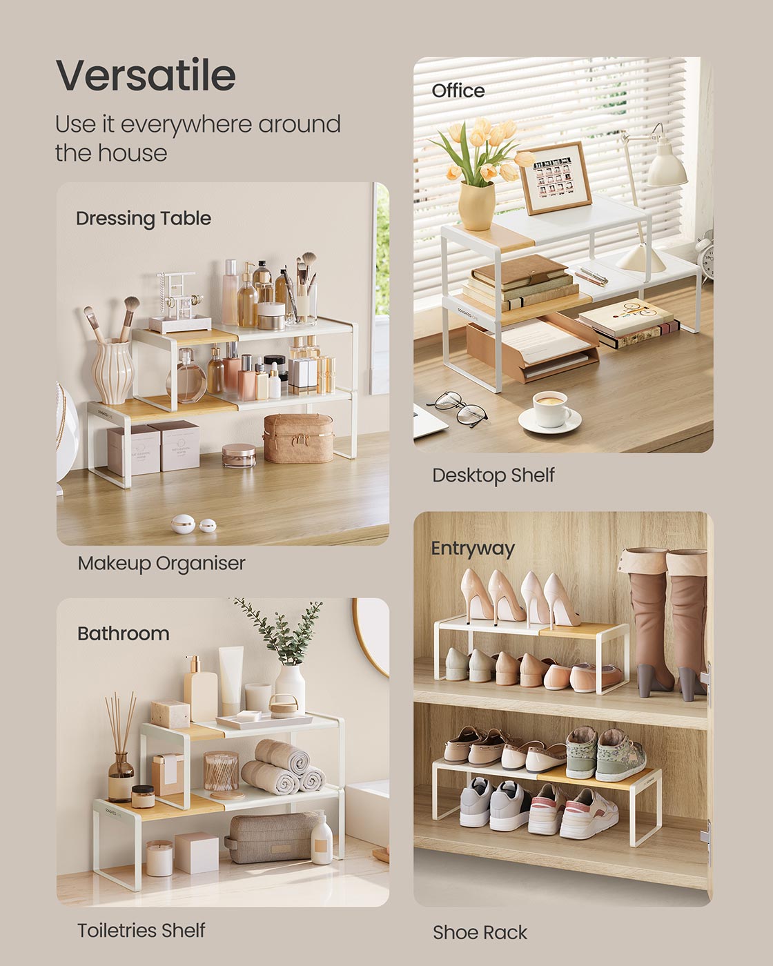 Spice Rack Set – Light Bamboo and Cream White – Extendable Kitchen Organiser Shelves