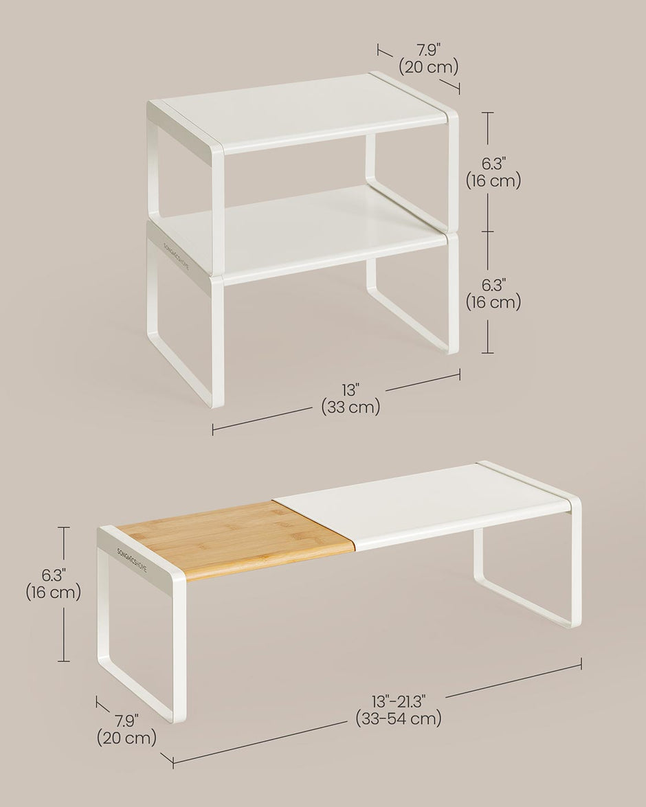 Spice Rack Set – Light Bamboo and Cream White – Extendable Kitchen Organiser Shelves