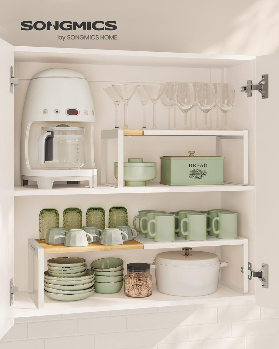 Extendable Kitchen Organiser Shelf – Bamboo – Cream White – Stackable Storage Solution