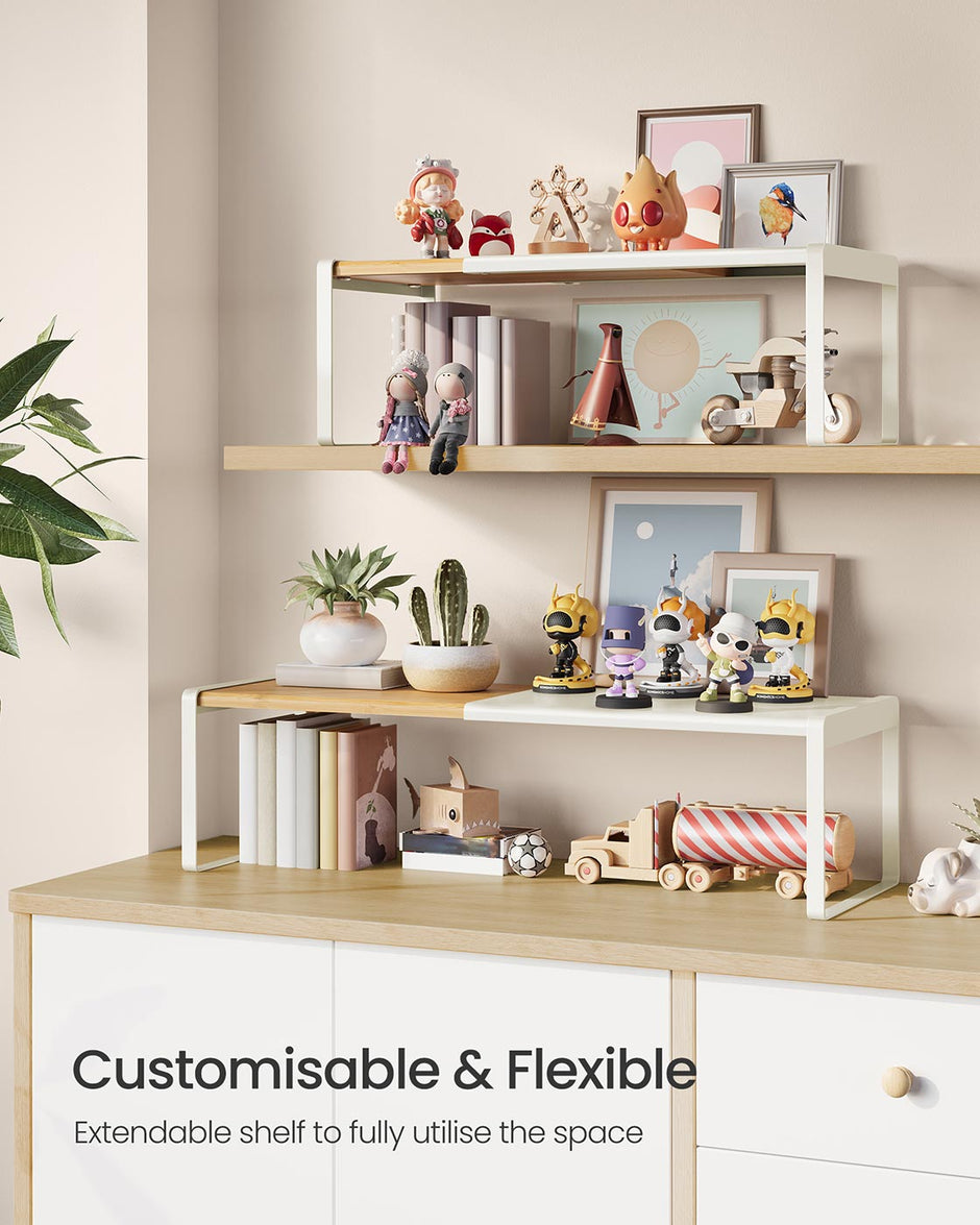 Extendable Kitchen Organiser Shelf – Bamboo – Cream White – Stackable Storage Solution