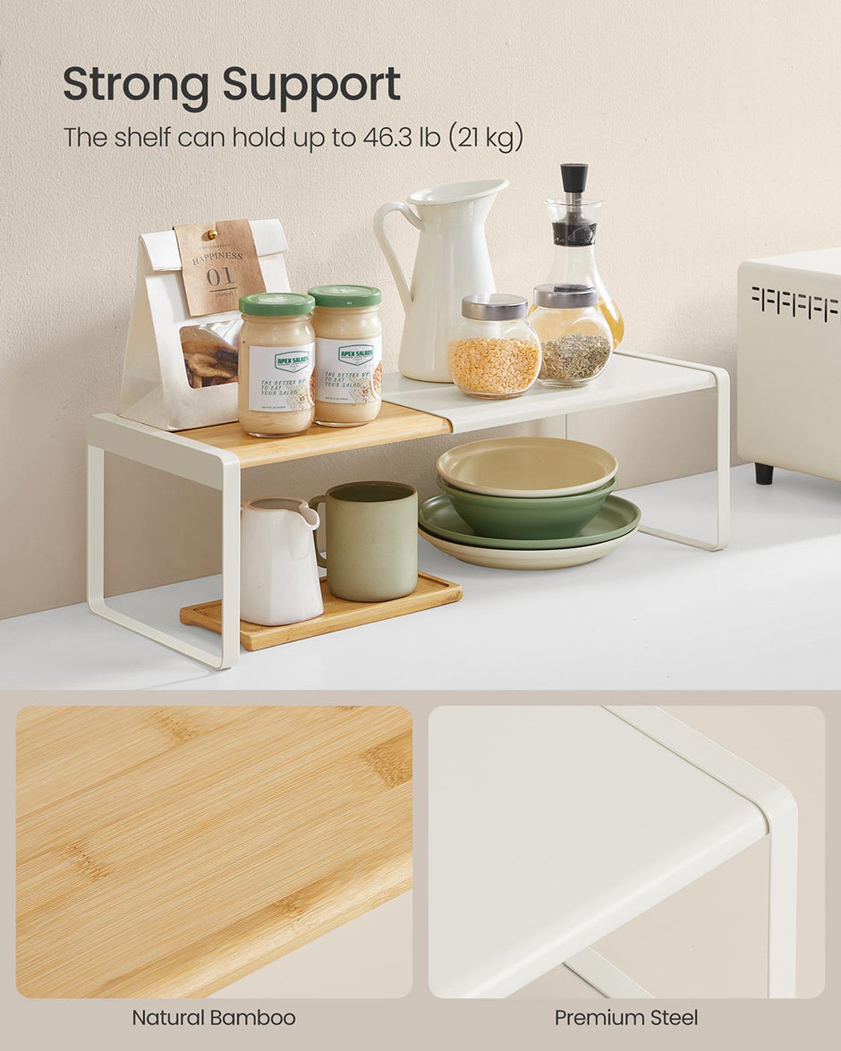 Extendable Kitchen Organiser Shelf – Bamboo – Cream White – Stackable Storage Solution