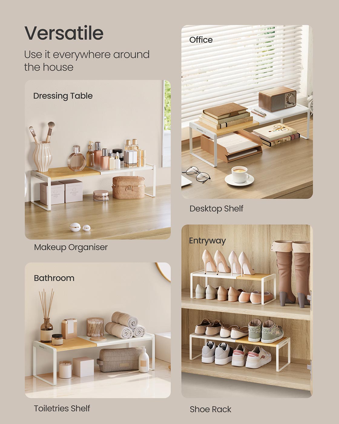 Extendable Kitchen Organiser Shelf – Bamboo – Cream White – Stackable Storage Solution