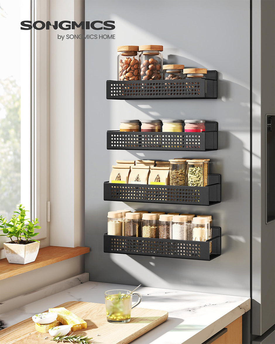 Magnetic Spice Rack Set – Metal – Ink Black – No Drilling Required, 4 Shelves (2 Large, 2 Small)