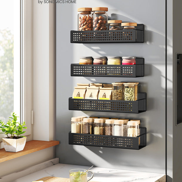 Magnetic Spice Rack Set – Metal – Ink Black – No Drilling Required, 4 Shelves (2 Large, 2 Small)