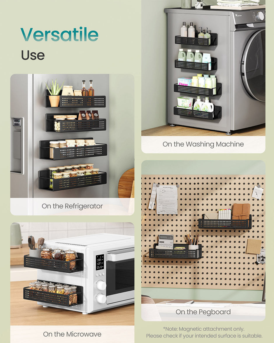 Magnetic Spice Rack Set – Metal – Ink Black – No Drilling Required, 4 Shelves (2 Large, 2 Small)