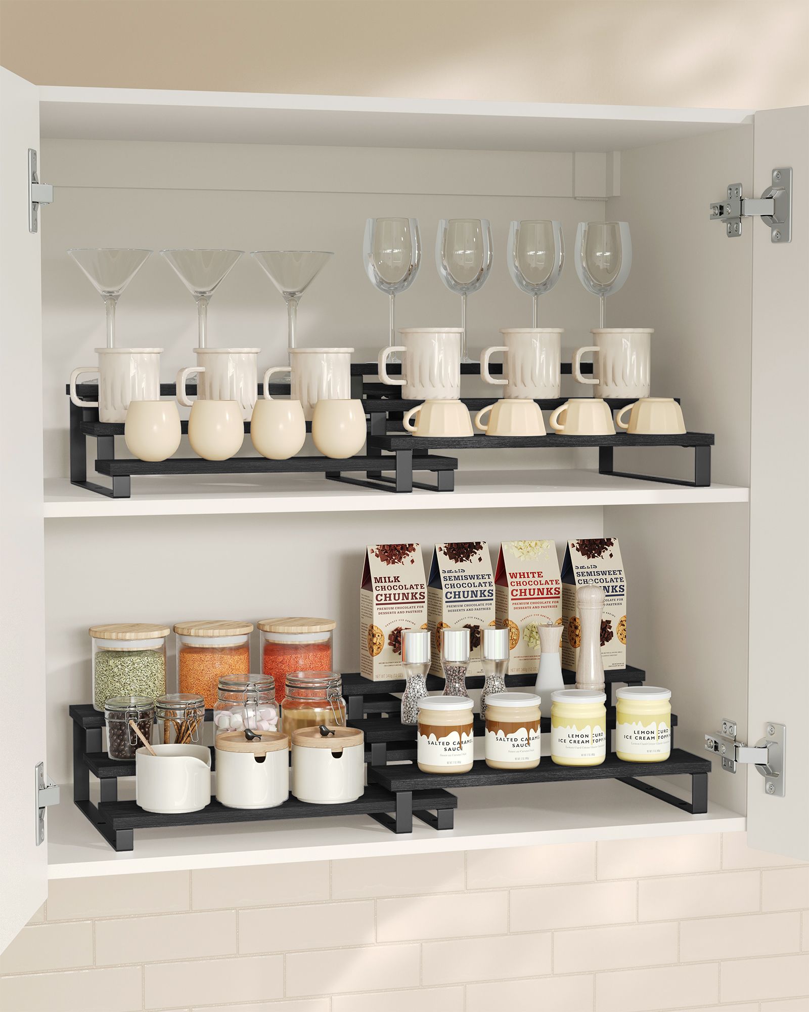 3-Tier Extendable Cabinet Shelf Organisers – Engineered Wood – Black – Stackable Set of 2
