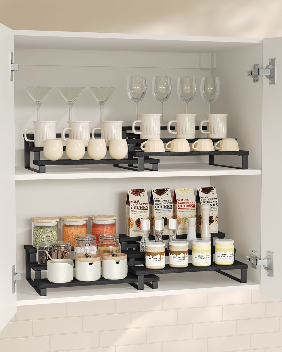 3-Tier Extendable Cabinet Shelf Organisers – Engineered Wood – Black – Stackable Set of 2