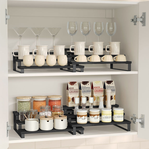3-Tier Extendable Cabinet Shelf Organisers – Engineered Wood – Black – Stackable Set of 2