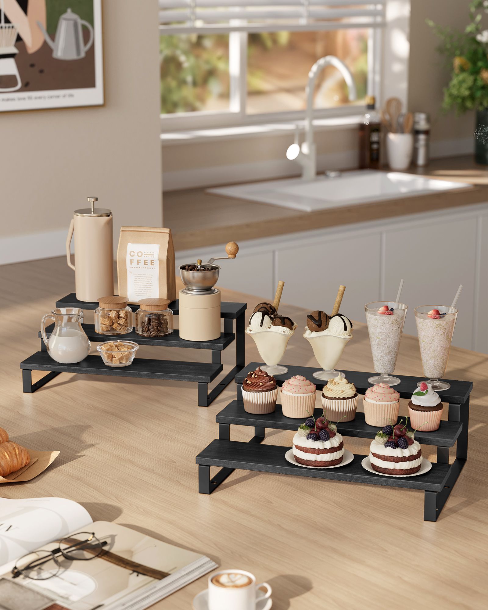 3-Tier Extendable Cabinet Shelf Organisers – Engineered Wood – Black – Stackable Set of 2
