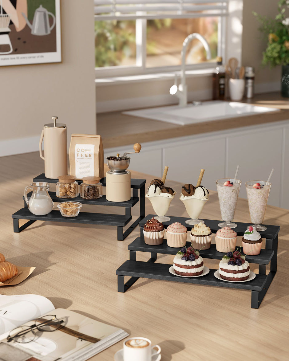 3-Tier Extendable Cabinet Shelf Organisers – Engineered Wood – Black – Stackable Set of 2