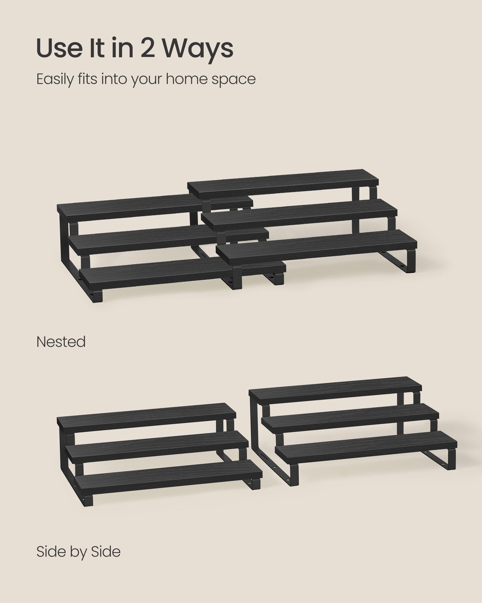 3-Tier Extendable Cabinet Shelf Organisers – Engineered Wood – Black – Stackable Set of 2