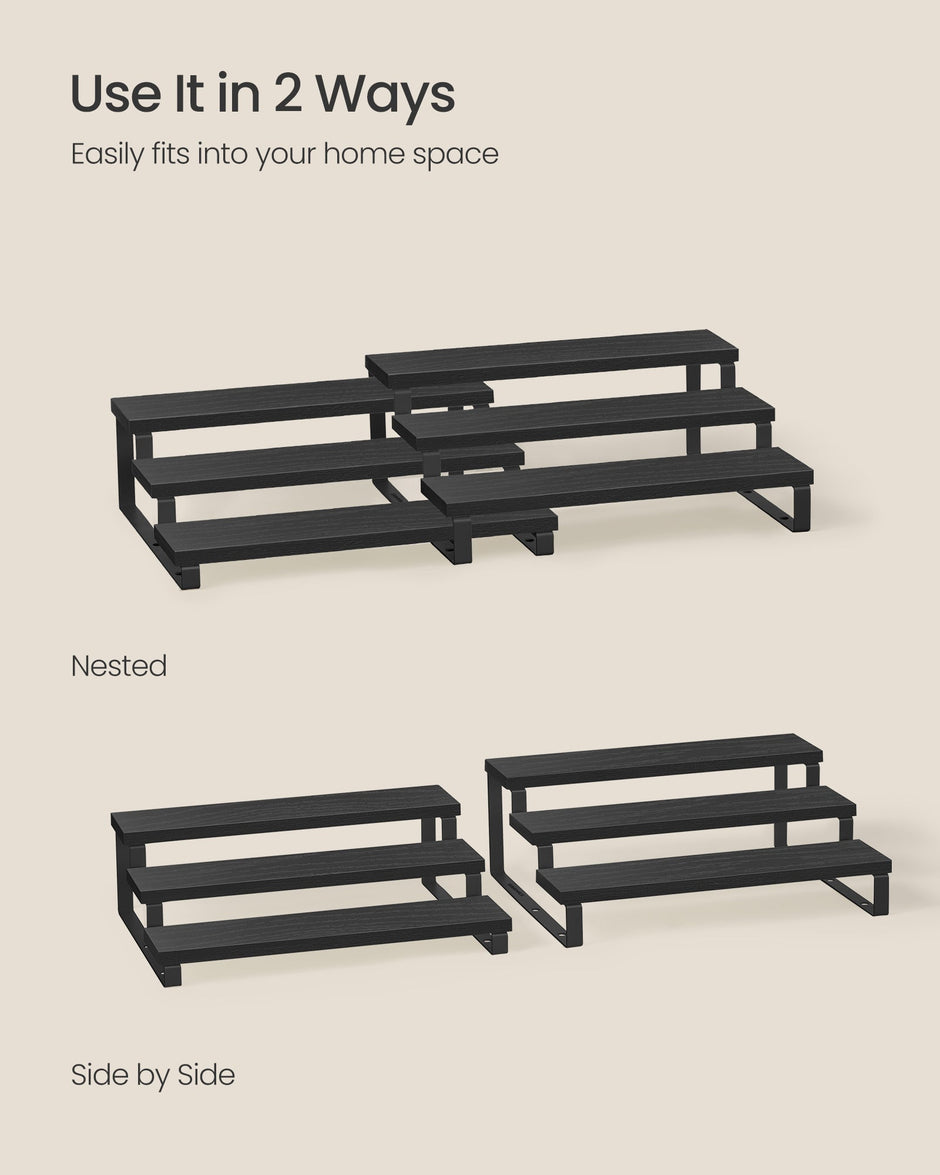 3-Tier Extendable Cabinet Shelf Organisers – Engineered Wood – Black – Stackable Set of 2