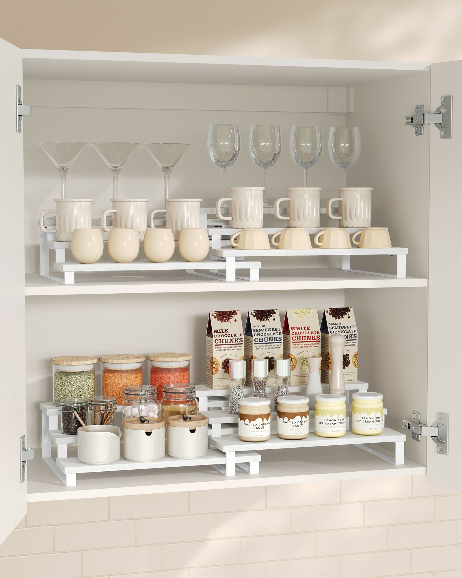 3-Tier Extendable Cabinet Shelf Organisers – Engineered Wood – Snow White and Cloud White – Stackable Set of 2