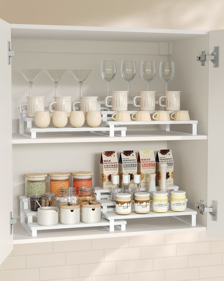 3-Tier Extendable Cabinet Shelf Organisers – Engineered Wood – Snow White and Cloud White – Stackable Set of 2