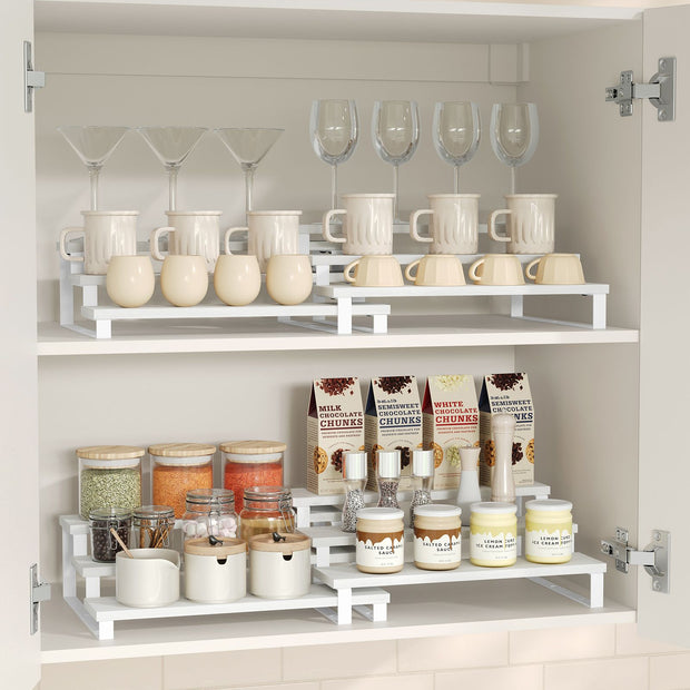 3-Tier Extendable Cabinet Shelf Organisers – Engineered Wood – Snow White and Cloud White – Stackable Set of 2