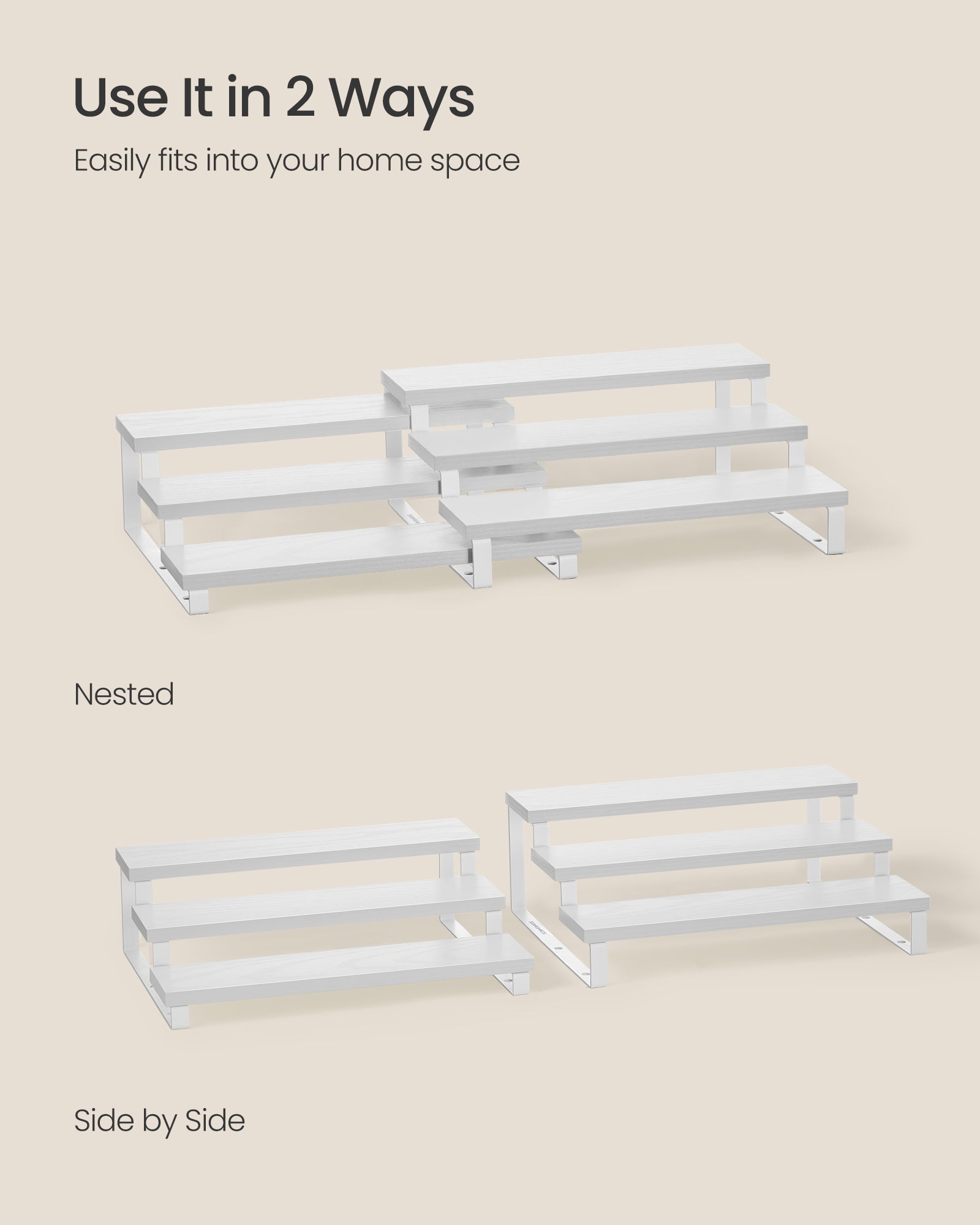 3-Tier Extendable Cabinet Shelf Organisers – Engineered Wood – Snow White and Cloud White – Stackable Set of 2