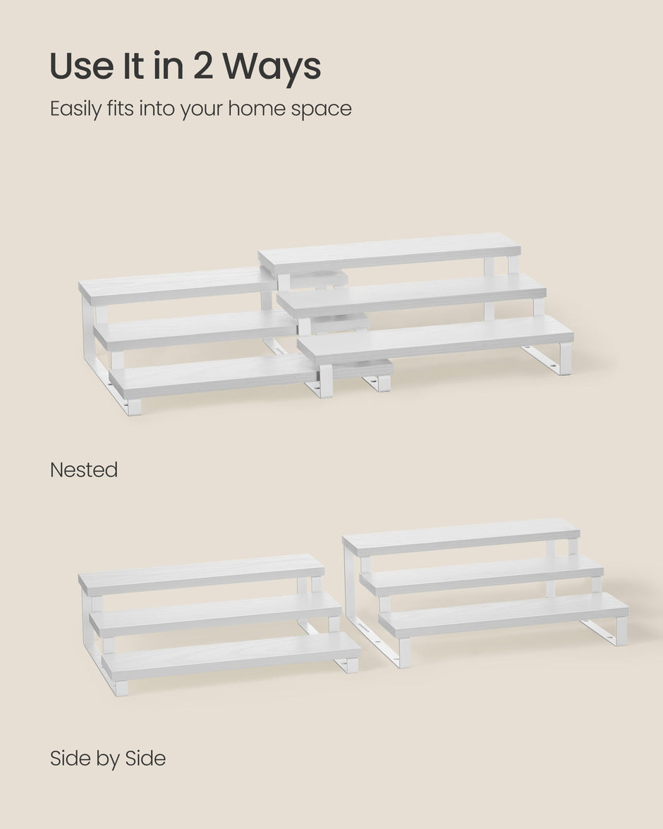 3-Tier Extendable Cabinet Shelf Organisers – Engineered Wood – Snow White and Cloud White – Stackable Set of 2