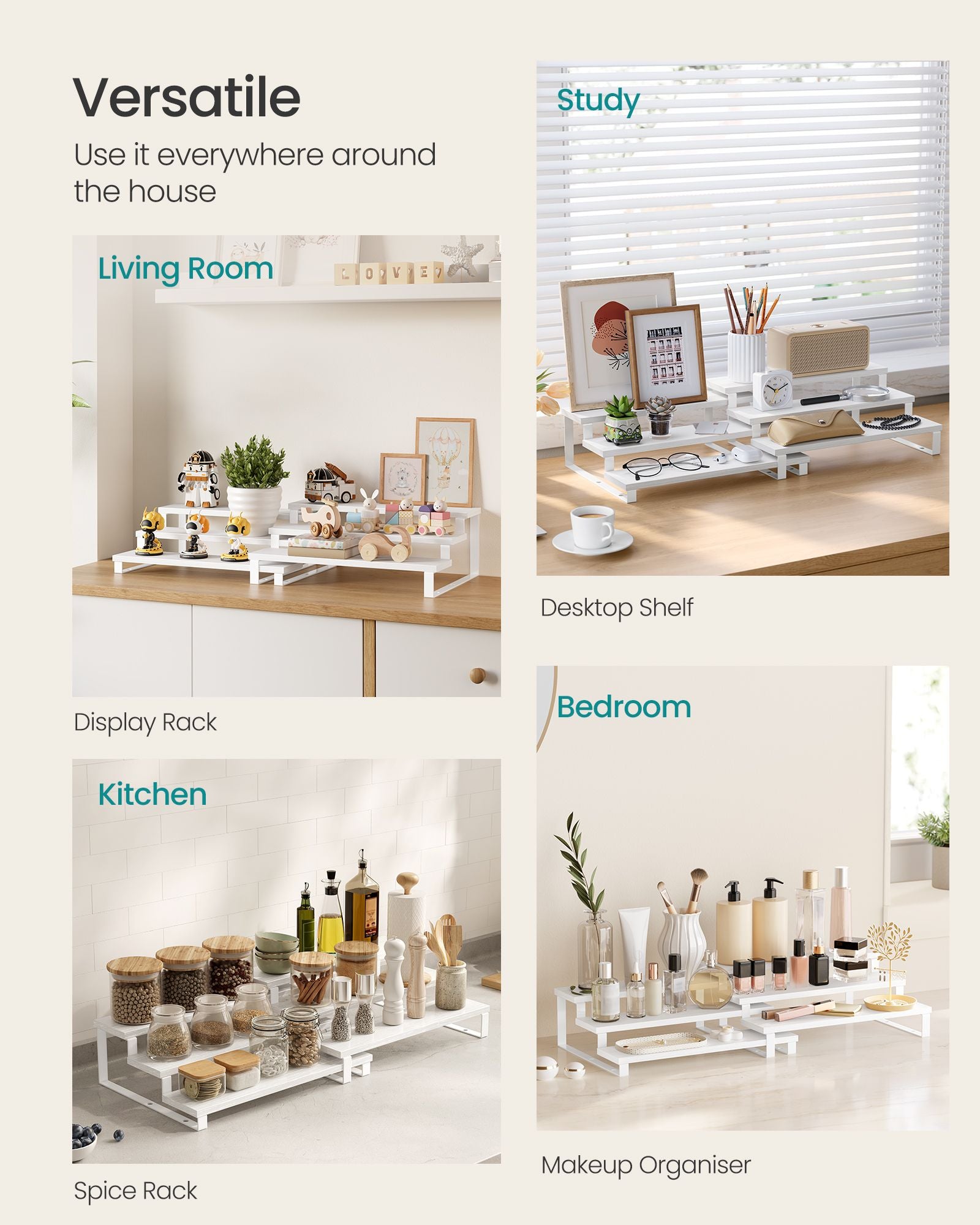 3-Tier Extendable Cabinet Shelf Organisers – Engineered Wood – Snow White and Cloud White – Stackable Set of 2