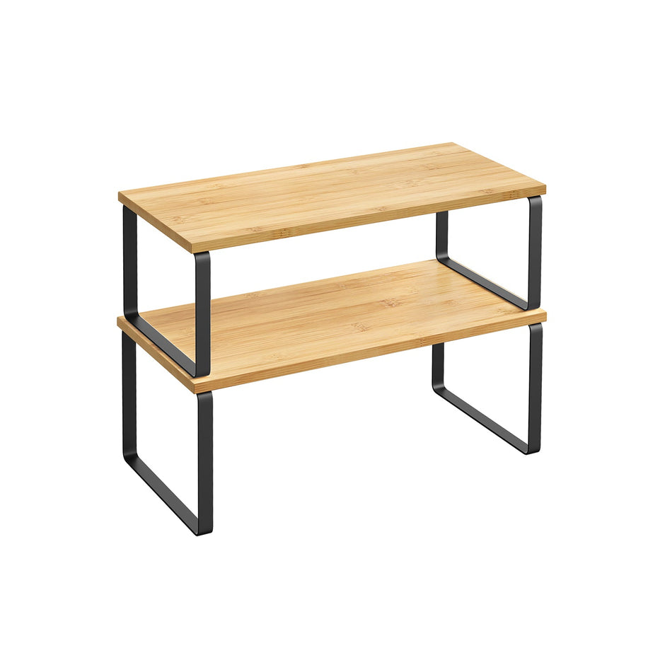 Set of 2 Cupboard Shelf Organisers – Metal and Engineered Wood – Expandable and Stackable – Kitchen Spice Holder
