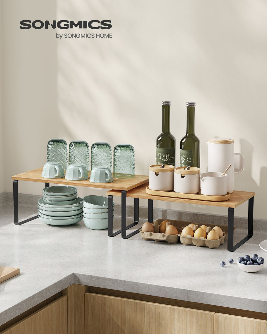 Set of 2 Cupboard Shelf Organisers – Metal and Engineered Wood – Expandable and Stackable – Kitchen Spice Holder