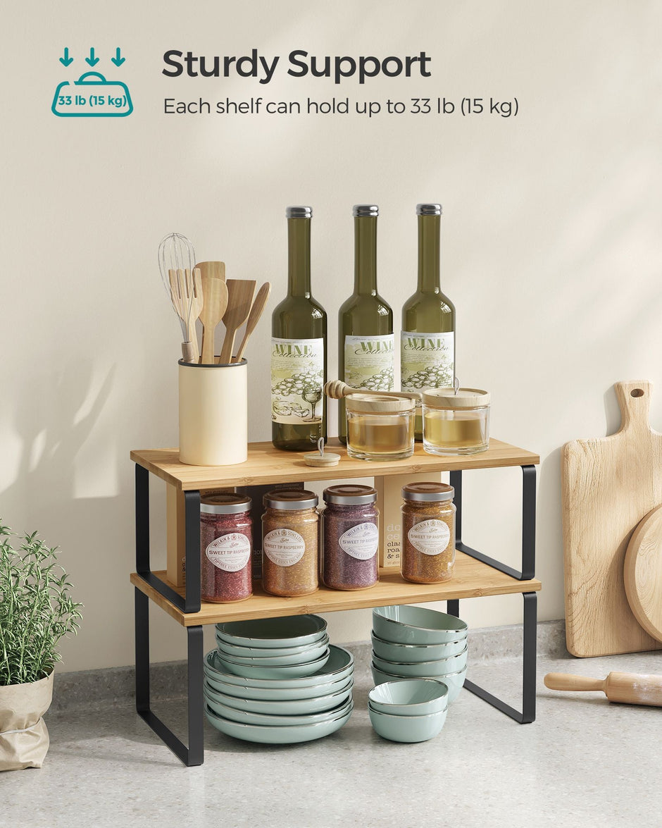 Set of 2 Cupboard Shelf Organisers – Metal and Engineered Wood – Expandable and Stackable – Kitchen Spice Holder