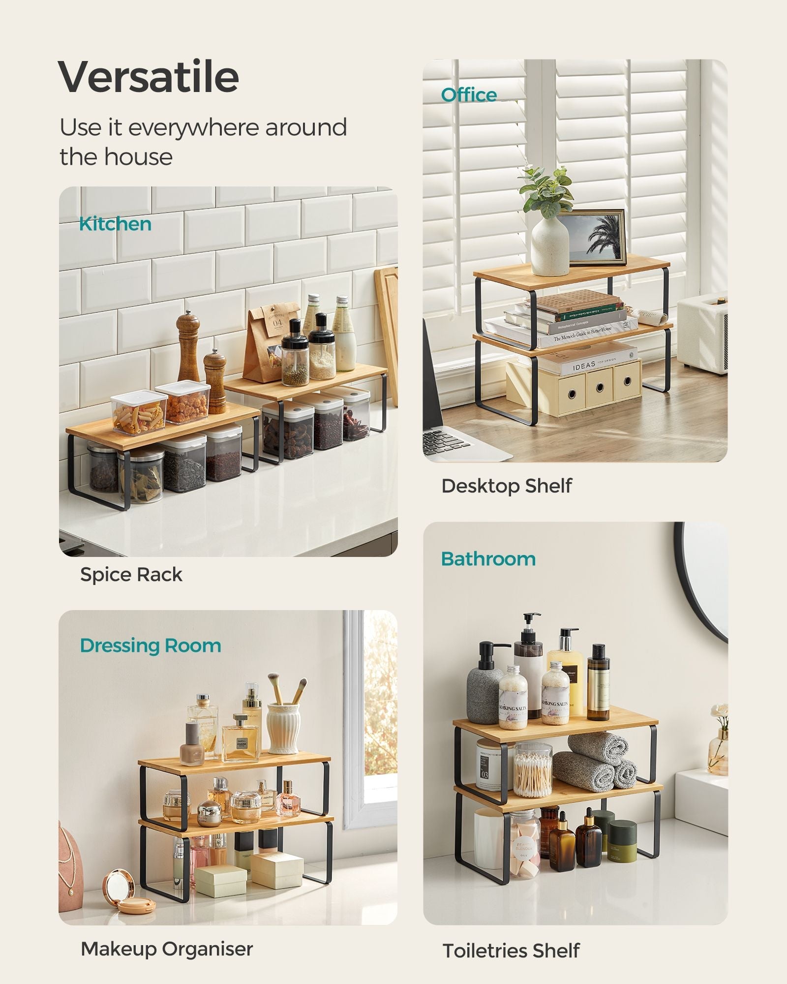 Set of 2 Cupboard Shelf Organisers – Metal and Engineered Wood – Expandable and Stackable – Kitchen Spice Holder