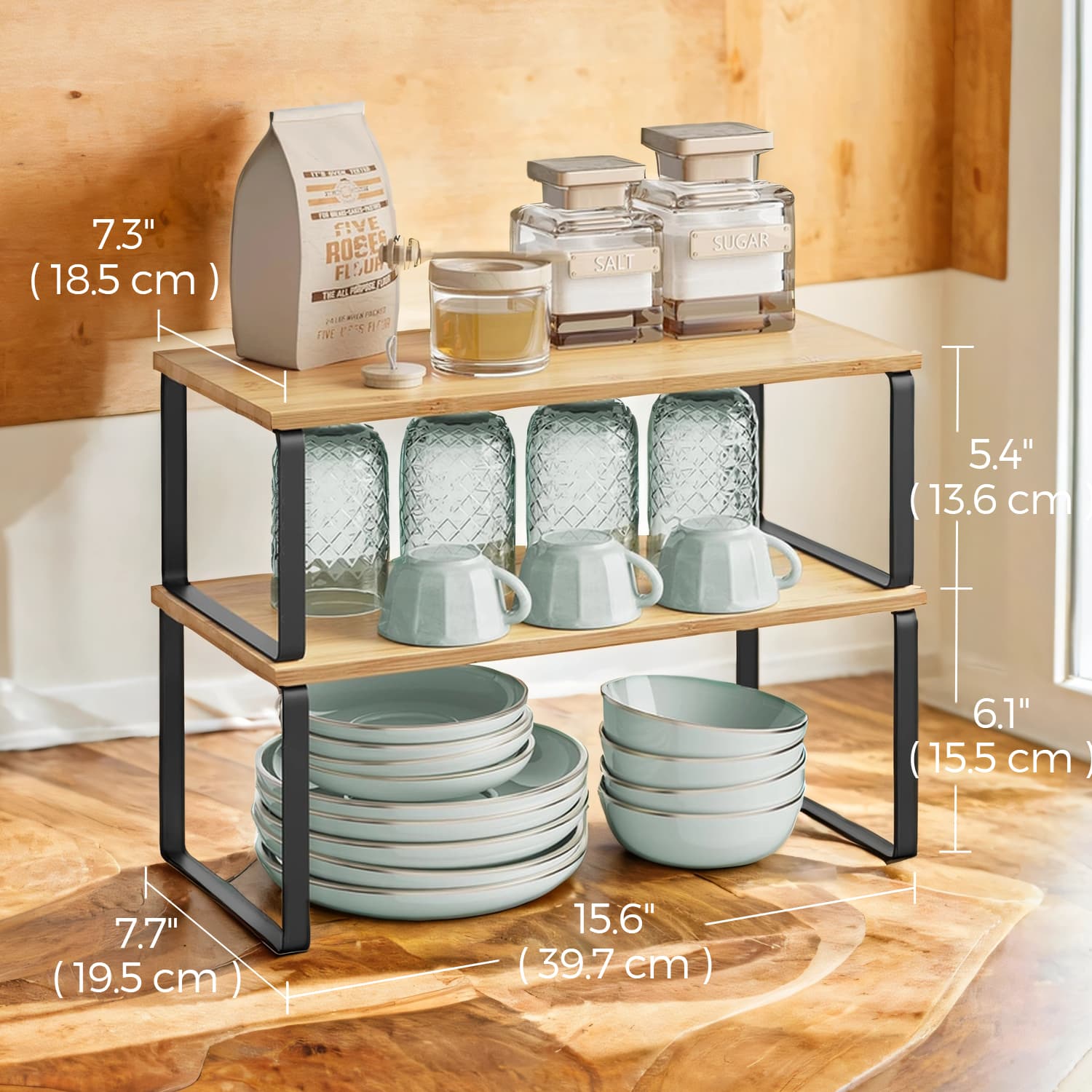 Cabinet Organizer Shelf – Wood – Natural Beige and Cloud White – Stackable Set of 2