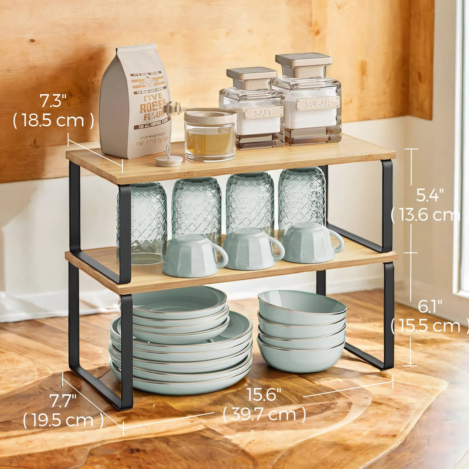 Cabinet Organizer Shelf – Wood – Natural Beige and Cloud White – Stackable Set of 2