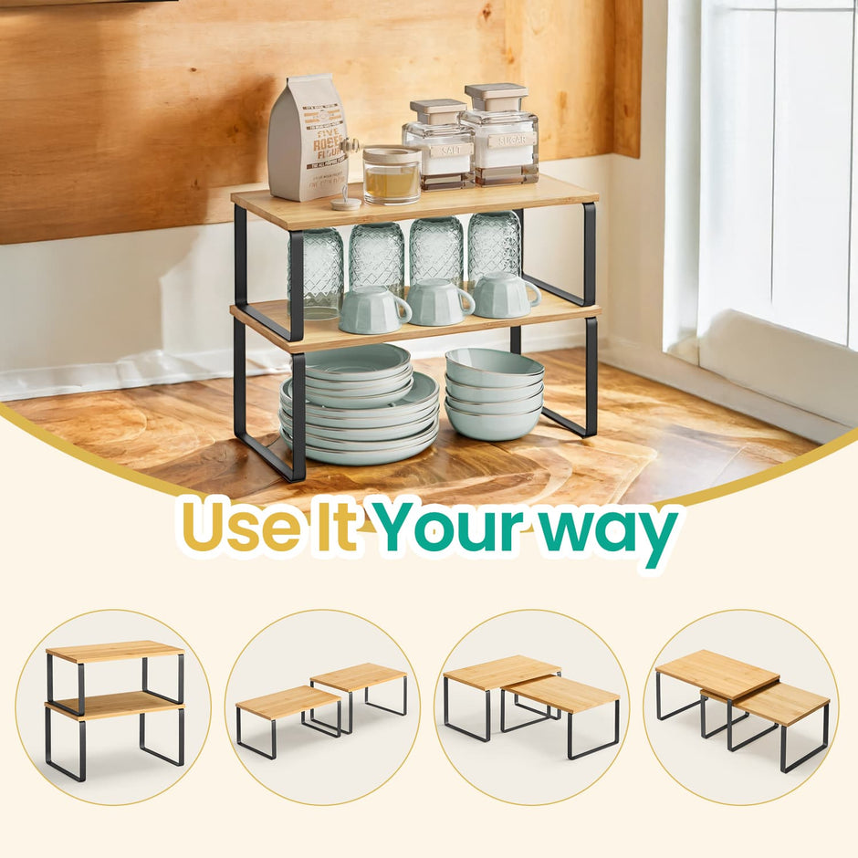 Cabinet Organizer Shelf – Wood – Natural Beige and Cloud White – Stackable Set of 2
