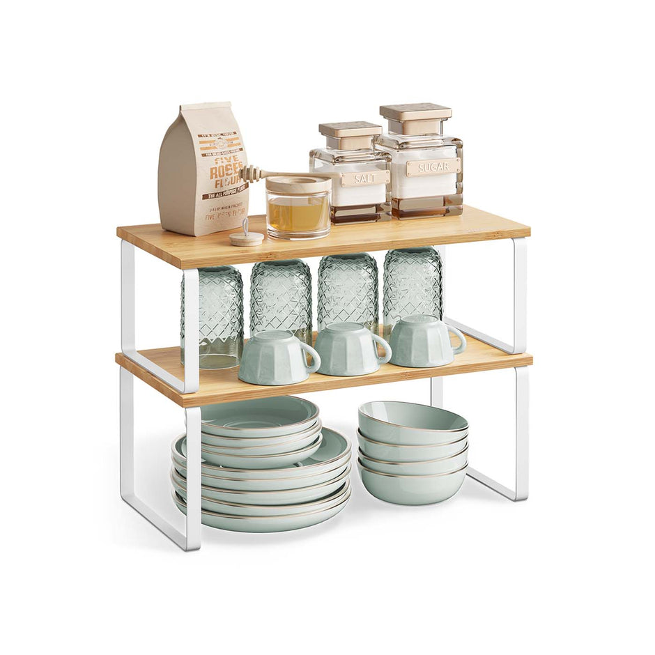 Set of 2 Cupboard Shelf Organisers – Metal and Engineered Wood – Expandable and Stackable – Kitchen Spice Holder